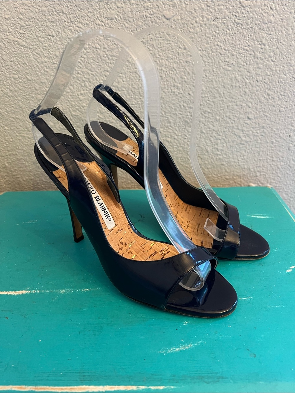 Manolo Blahnik Blue Patent Leather Peep Toe Sandals Heels 36.5